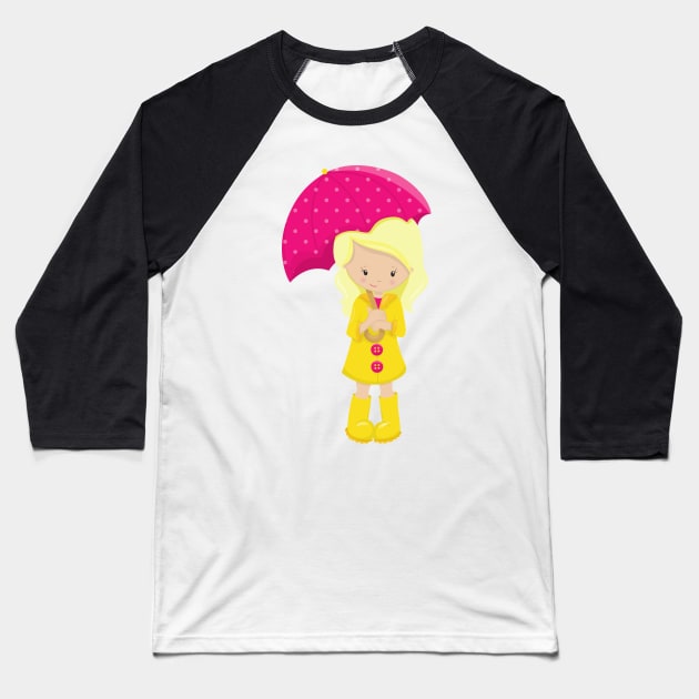 Girl In Raincoat, Girl With Umbrella, Blonde Hair Baseball T-Shirt by Jelena Dunčević